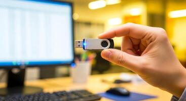 hand holding usb drive digital data transfer and modern technology photo