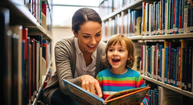 a teachers gentle guidance nurturing a childs love for books in a library setting photo