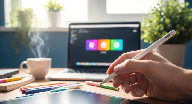 creative designer using digital tablet and pen modern workspace productivity photo