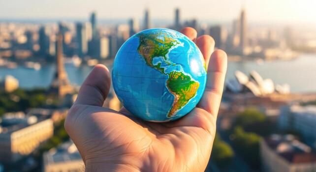 global responsibility a hand holds our fragile planet against city skyline photo