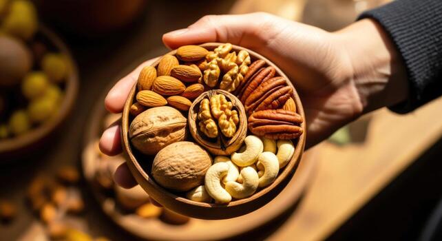 handful of natures goodness a bowl of mixed nuts, almonds, walnuts, cashews, and pecans photo