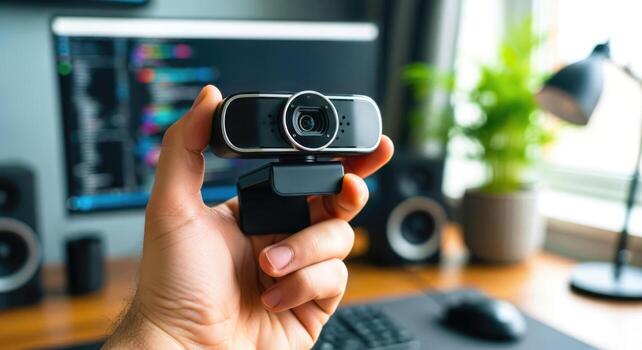 highdefinition webcam a hand holds future of streaming and connection photo