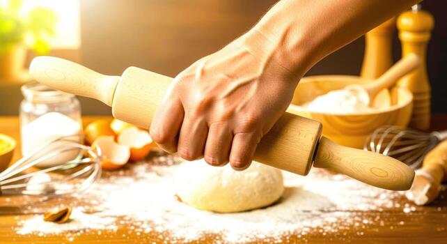 homemade bread baking a bakers hands roll dough, creating rustic charm photo