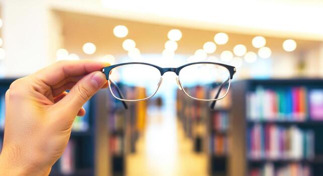 new vision a hand holds clear glasses, library bookshelf background photo