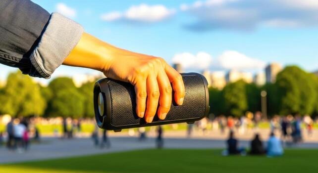 portable bluetooth speaker summer park vibes, handheld music joy photo