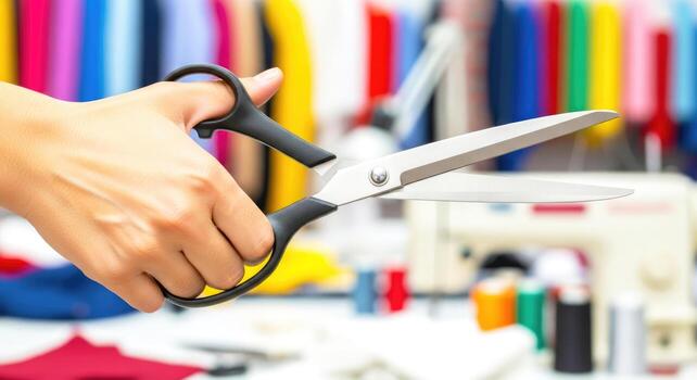precision cut a hand holds sharp scissors, ready to shape vibrant fabrics photo