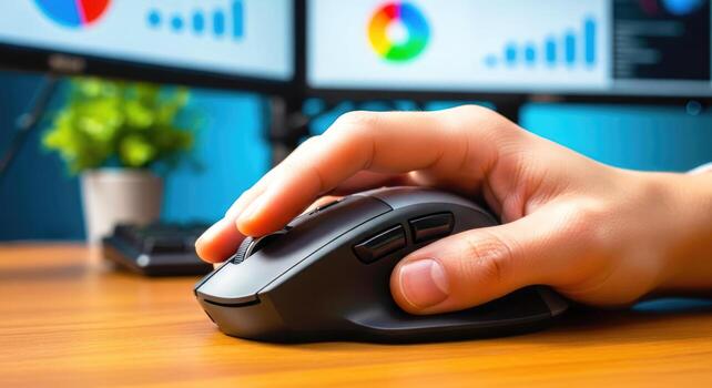precision click a hand uses wireless computer mouse on wooden desk, data charts in background photo
