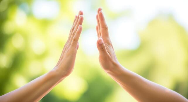 reaching out two hands connect, natures embrace, hope and unity photo