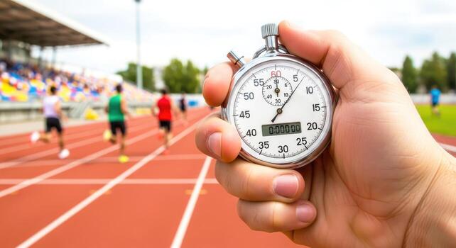 race day countdown a hand holds stopwatch, runners blurred in background photo