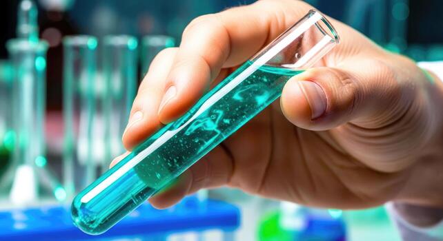 scientist holding teal liquid unveiling a breakthrough in the lab photo