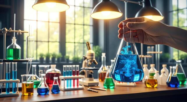 scientists hand holding erlenmeyer flask unveiling the mysteries of vibrant blue liquid in a modern laboratory photo