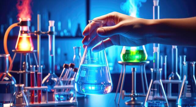 scientists hand holding glowing erlenmeyer flask unveiling scientific discovery photo