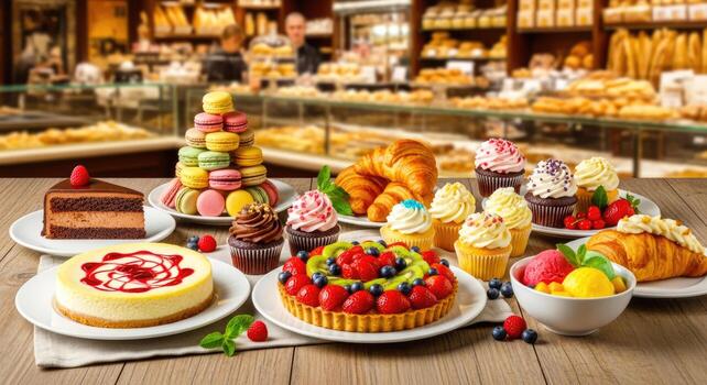 a delightful pastry assortment delectable cakes, creamy cheesecakes, and colorful macarons, a tempting bakery showcase photo