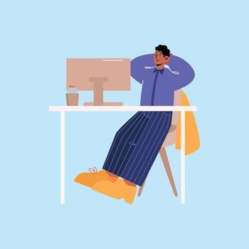 hombre sentado a escritorio con computadora y teléfono vector