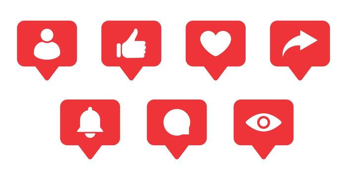 Red social media icons set including like, heart, share, comment, follow, notification and view. Minimal flat illustration for online interaction, communication, engagement, feedback and community vector