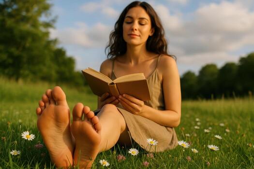 Serene woman enjoying a book in a lush field photo