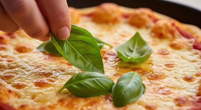 Hand placing a fresh basil leaf on a pizza photo