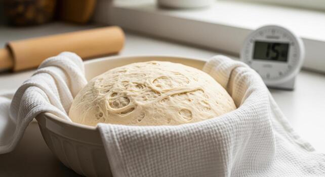 A large bowl of risen and fermented pizza dough resting on a counter. photo