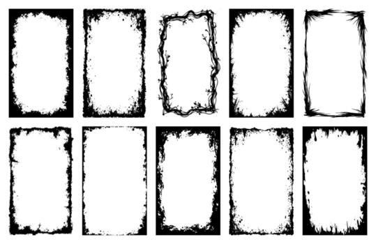 Set of ten distressed frames. Ideal for adding a rough, edgy texture to designs. Perfect for posters, invitations, or digital art projects. Black and white. vector