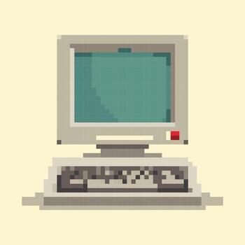 Vintage computer illustration in pixel art style. Ideal for gaming projects, nostalgic designs, or tech related graphics. vector