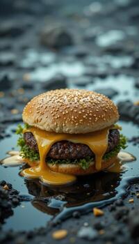 Single Cheeseburger with Dripping Cheese in a Puddle photo