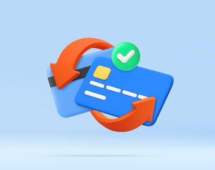 3D Credit Card with Circular Arrows Icon with a green check mark vector