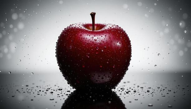 A vibrant red apple with water droplets on a reflective surface photo