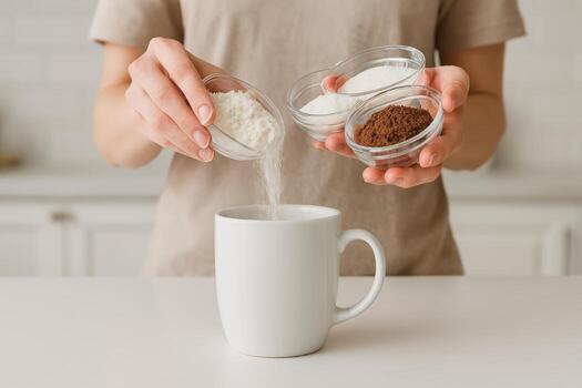 Hands Adding Ingredients to a White Mug photo