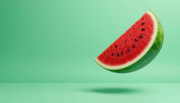 Slice of Watermelon Floating on a Solid Light Green Background photo