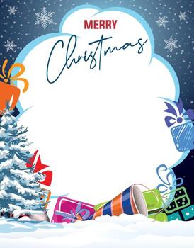 rectangular bright New Year greeting postcard Merry Christmas and Happy New Year on the background of a Christmas tree and snow vector