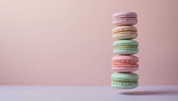 Five floating pastel macarons on a pink background photo