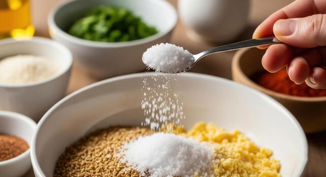 Adding salt to the dry ingredients for a homemade dough photo