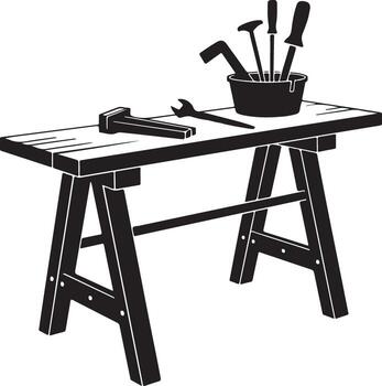 Silhouette of a workbench with tools and a bucket of instruments isolated on white background vector