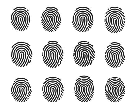 Set of fingerprint icons in black isolated style. Biometric identification symbols for security, privacy, login, scan design. vector