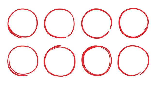 Hand drawn red marker round frames. Hand drawn marker stroke style doodle red circle frame. Scribble round frame for check, text highlight. Grunge scratch style set. vector