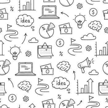 Business idea doodle seamless pattern. Business success, creative idea concept doodle drawn sketch style pattern with lightbulb, megaphone, calendar element. vector