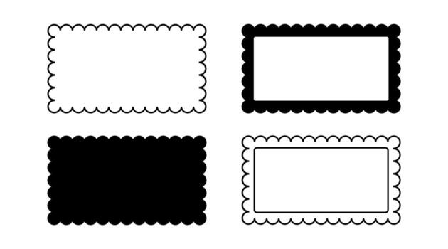 Border frame scallop edge rectangle shapes. Wave scallop squiggle cute simple rectangle border set. Simple wavy squiggly line retro photo picture frame. vector