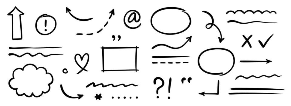 Hand drawn line arrow, sketch underline, round frame element set. Scribble sketch pencil stroke circle frame, heart, doodle graphic elements. vector