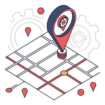 isométrica mapa navegación con determinar con precisión ubicación y engranaje íconos representando estrategia y operaciones vector