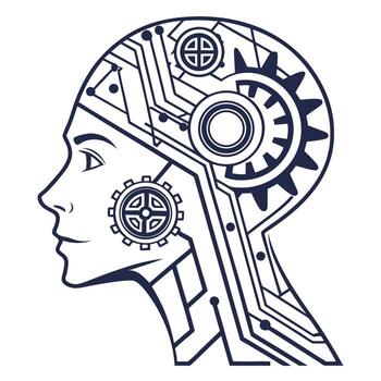 Futuristic human head profile with circuitry and gears symbolizing artificial intelligence vector