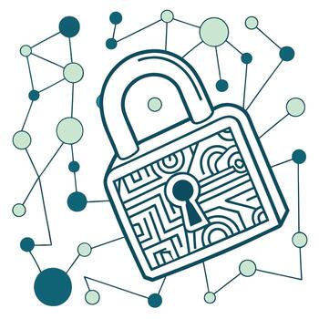 Digital security concept graphic featuring a padlock connected to network nodes vector