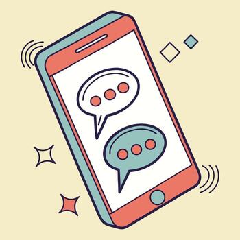 Cartoon mobile phone displaying chat bubbles with sparkle effects messaging communication app vector