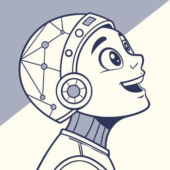 Cartoon robot boy looking up with joyful expression digital art character design vector