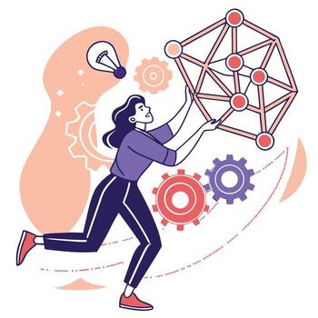 Woman holding a complex network structure with gears and a lightbulb symbolizing innovation and technology vector