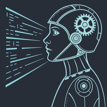 Futuristic android cyborg head profile with glowing data streams and mechanical gears inside vector