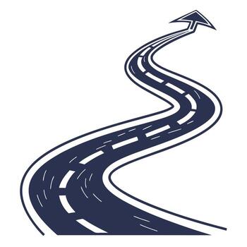 Curving asphalt road with dashed white lines leading to an arrow signifying destination and progress vector