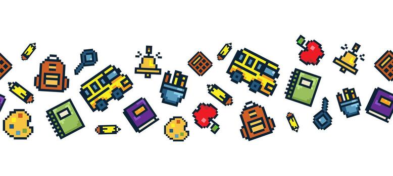 School elements seamless pattern Pixel art style with bus backpack books pencils apple bell calculator and lightbulb representing the concept of education learning and back to school. vector