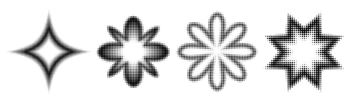 Halftone burst stars element set. Pop art dotted explosion blast collection. . Gradient stippled gradation sparkles vector