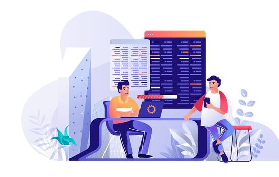 programación software concepto para moderno web diseño. personas escribiendo, pruebas y haciendo mejoramiento código a pantallas para diferente programas plano ilustración aislado en blanco antecedentes. vector