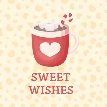A cozy holiday greeting card featuring a red mug of hot cocoa with marshmallows and a candy cane. Designed in a flat cartoon style on a beige background with heart patterns. vector
